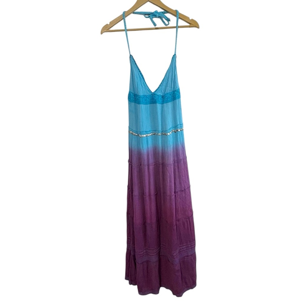 Vintage Y2K Passport Blue Purple Ombré Halter‎ Neck Maxi Dress Resortwear Hippie
